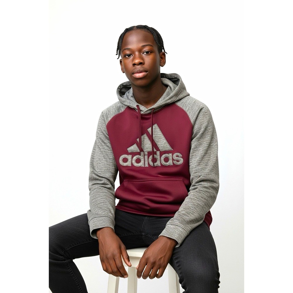Adidas ClimaWarm Men's L Burgundy/Gray Colorblock Pullover Hoodie Logo Pockets